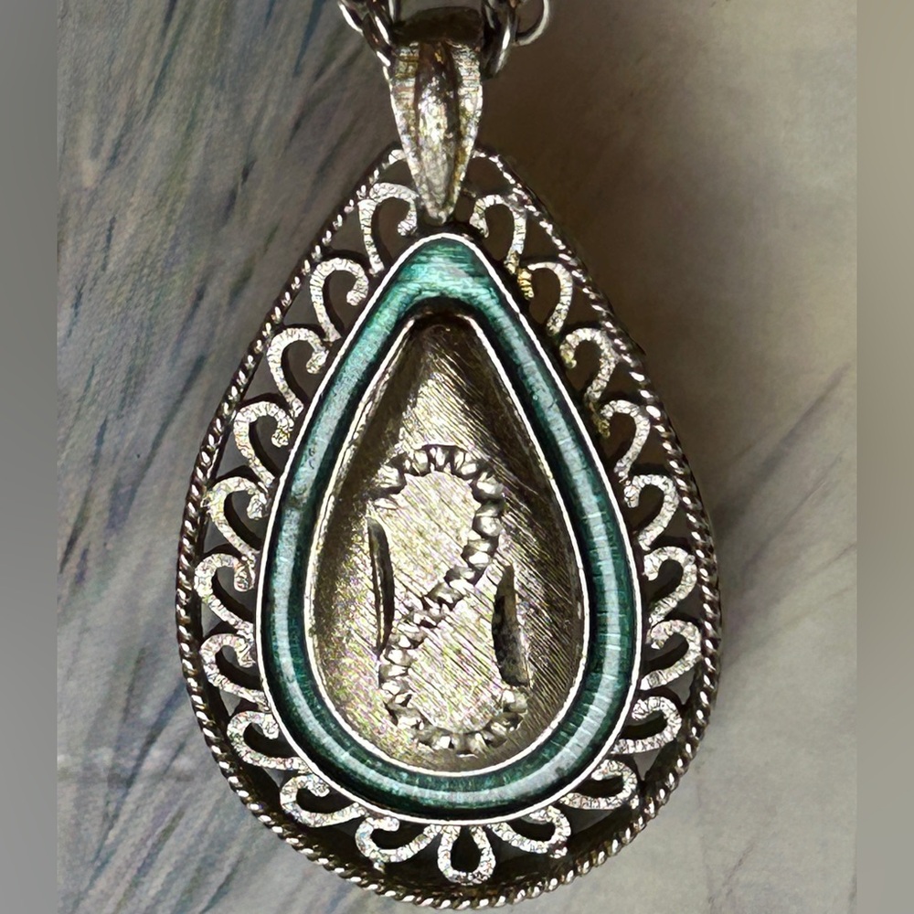 Silver Teardrop Necklace with Teal Accent w/ 24” Chain